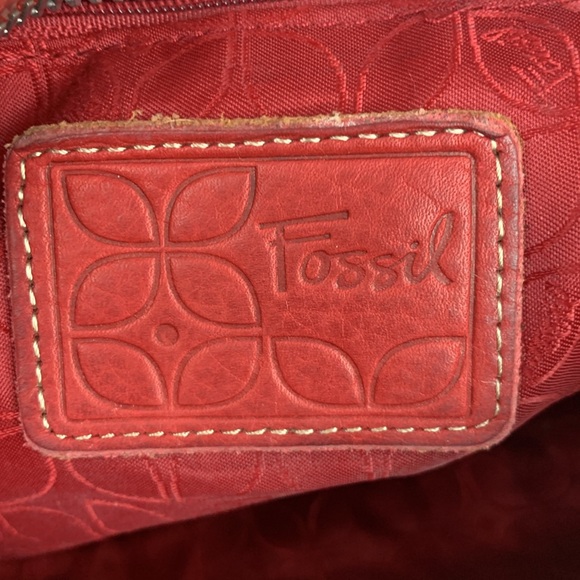 Vintage Fossil dark brick Red Leather Crossbody Bag Silver Zippers Key charm - Picture 10 of 16